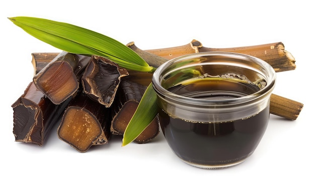 sugar cane and molasses on a white background