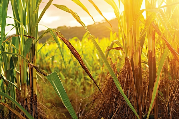 Sugar cane stalks with sugar cane plantation background