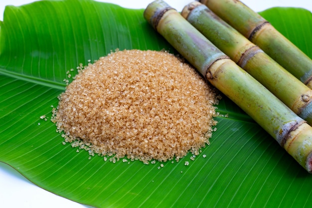 Sugar cane with brown sugar on banana leaf