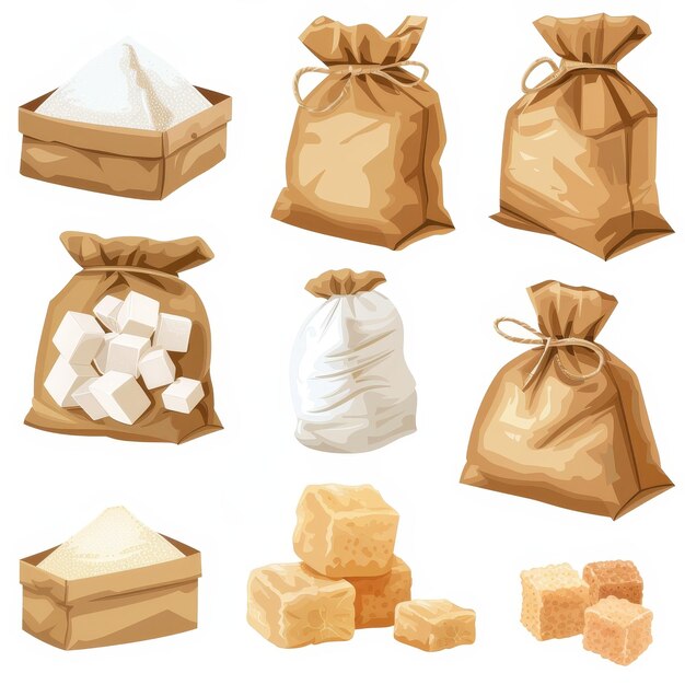 Photo the sugar cartoon symbol set includes cubes granules and crystalline forms as well as sugar in canvases and cartons sugar cartoon symbol set