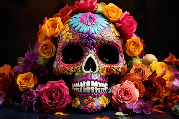 Sugar colored skull on the day of the celebration of the Day of the Dead