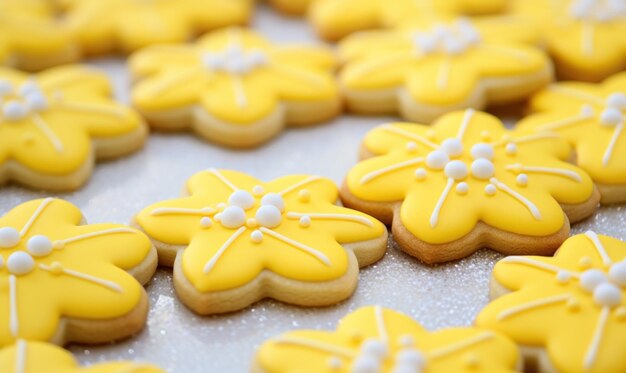 사진 작은 노란색 장식으로 설탕 쿠키 장식.