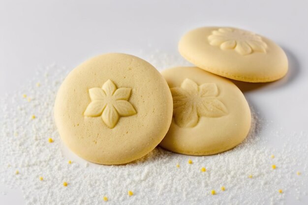 Sugar cookies made from sand dough seen from the front on a white background