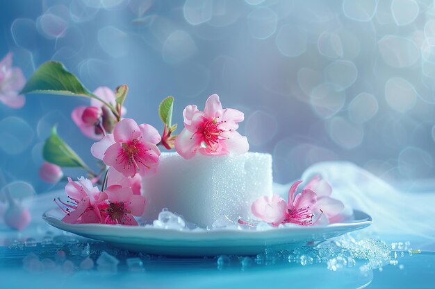 Sugar cube with sakura flowers on blue bokeh background