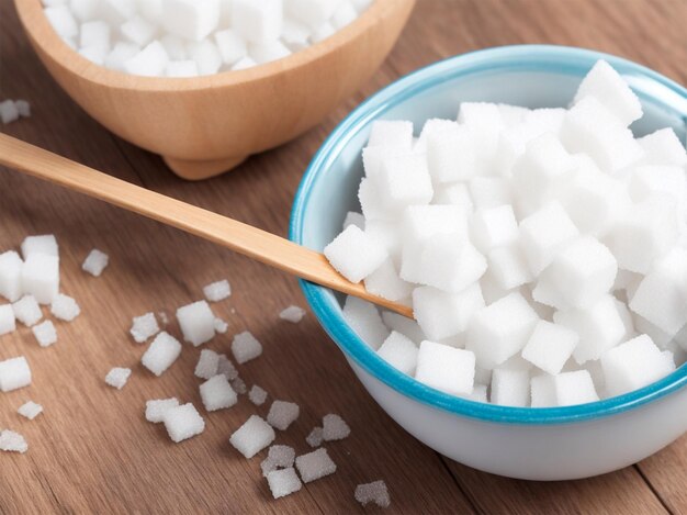 Photo sugar cubes in a spoon on a wooden table