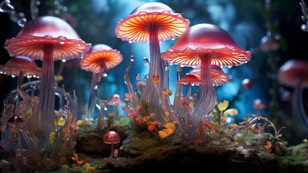설탕 유리 숲은 크리스탈 크와 버섯 코어를 통해 마법의 거대한 버섯을 탐구합니다.