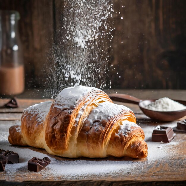 Foto zucchero in polvere che cade su un croissant di cioccolato fresco cotto su un tavolo di legno