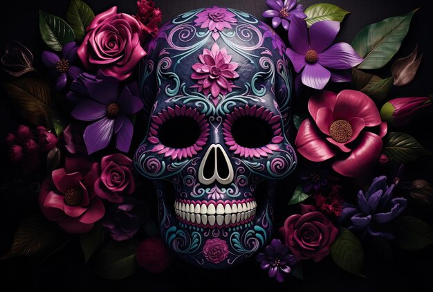 a sugar skull adorned with colorful flowers and green roses in the style of dark magenta and light