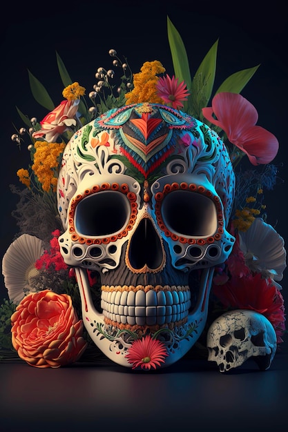 활기찬 꽃으로 장식된 설탕 두개골 Catrina Calavera Day of the Dead The Day of the Dead Generative AI