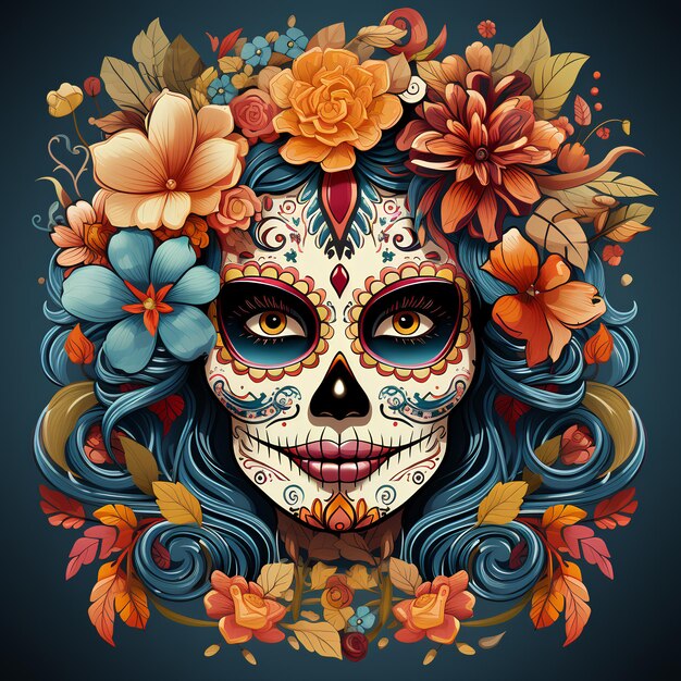 Photo sugar skull art woman adorned with colorful flowers