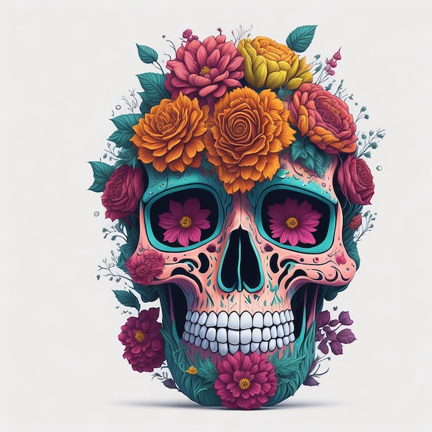 Sugar skull decorated with flowers illustration