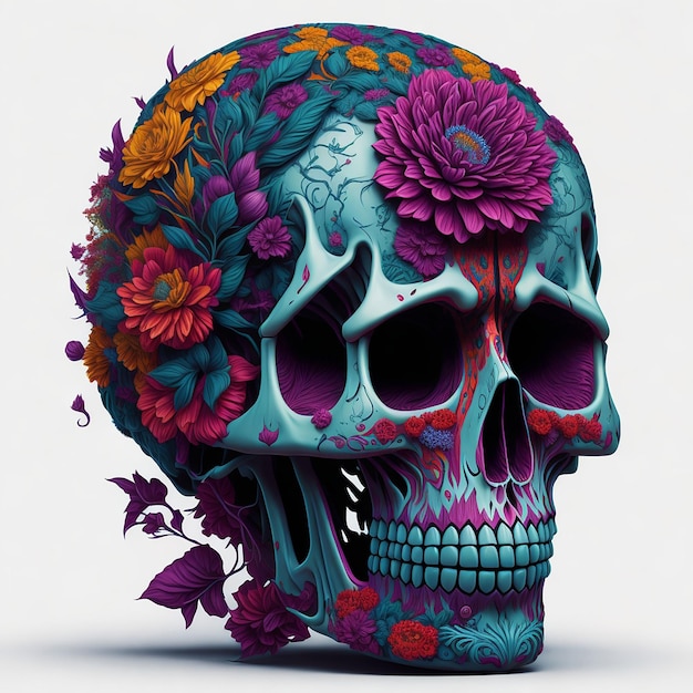 Sugar skull decorated with flowers illustration