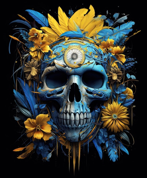 Sugar skull decoration with flowers and feathers as day of the dead concept Generative AI