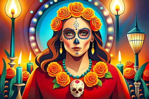 Sugar skull face paintings of a Dia de los Muertos celebration