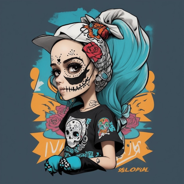 A sugar skull girl figure with a tshirt featuring a classic hiphop logo surrounded by a vibraprin