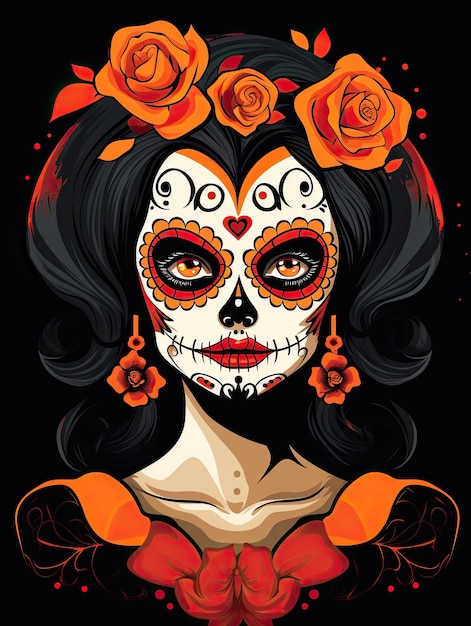 Sugar skull girl vector style smooth edges orange and black background vibrant colors