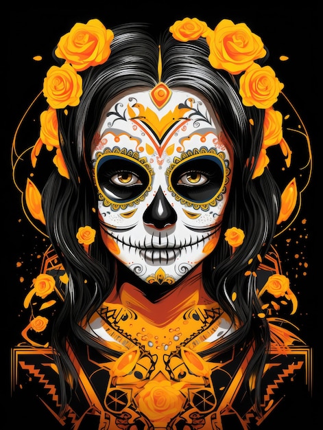 Sugar skull girl vector style smooth edges orange and black background vibrant colors