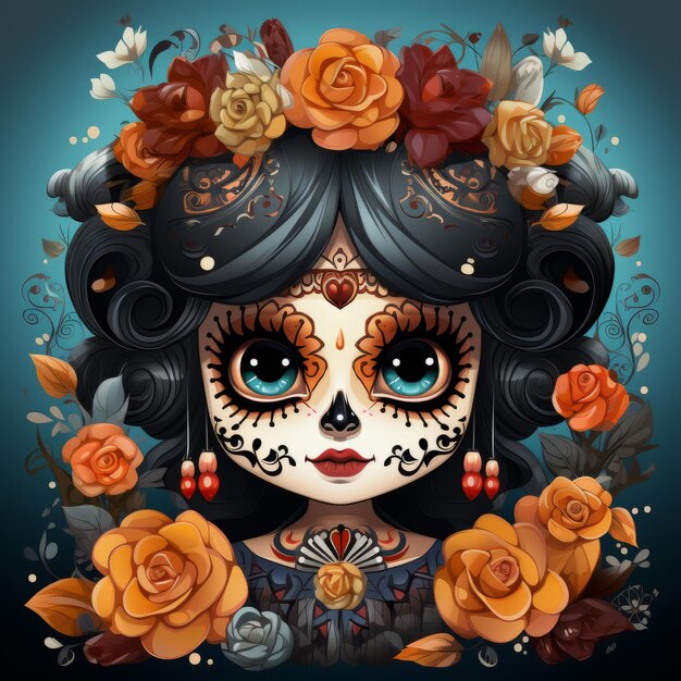 Photo sugar skull girl with roses and black hat in the style of dark cyan and light brown shiny eyes