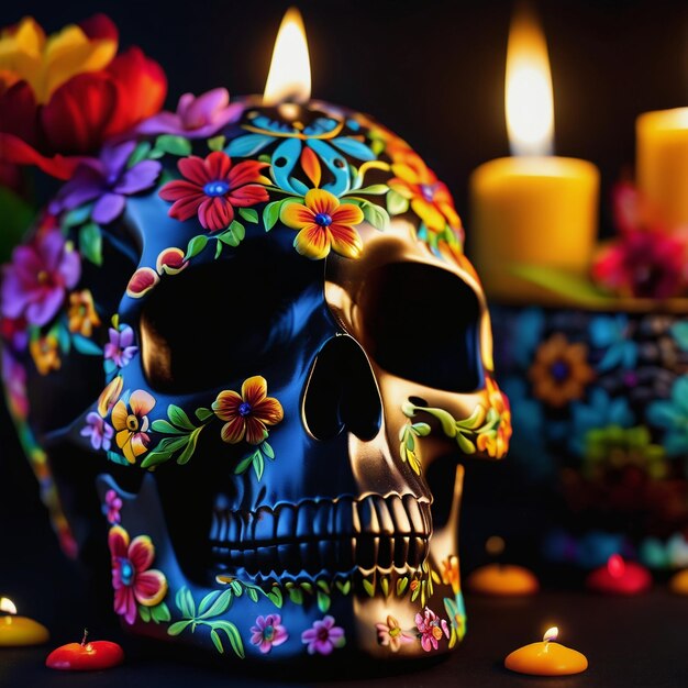 Foto teschio di zucchero per la festa del giorno dei morti fiori e candele