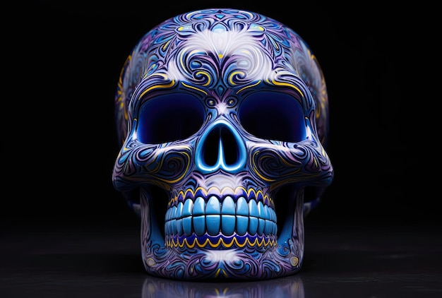 a sugar skull is shown with bright colors in the style of dark blue and black