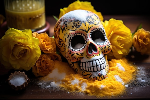 장식이 있는 멕시코 망자의 날을 위한 설탕 해골