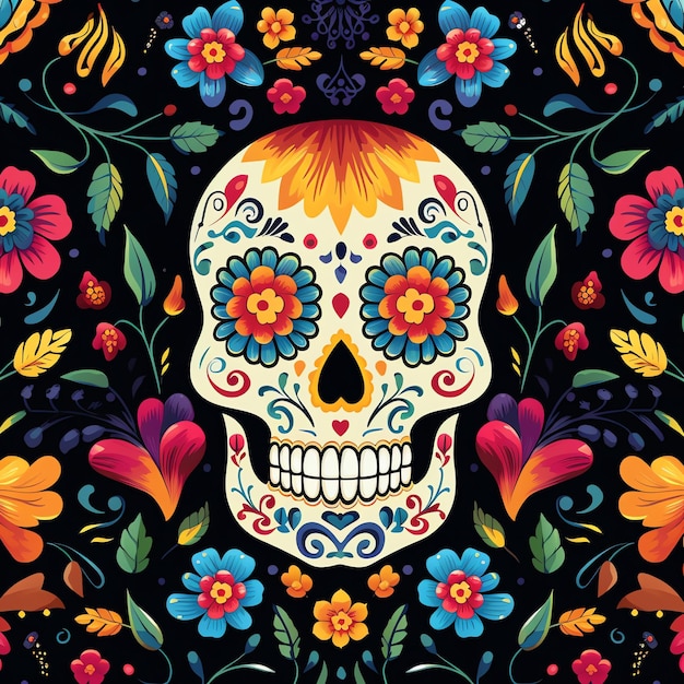 Sugar skull mexican dia de muertos day of the dead watercolor pattern