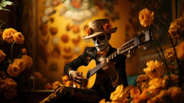 Foto teschio di zucchero che suona la chitarra sullo sfondo dei fiori dia de los muertos giorno dei morti