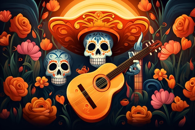 기타와 꽃이 있는 솜브레로의 설탕 두개골 죽음의 날