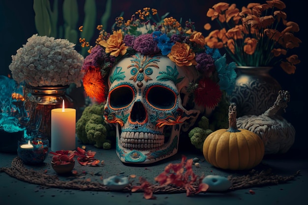 Sugar Skull in a traditional style for Dia de Los Muertos Day of the dead Generative AI