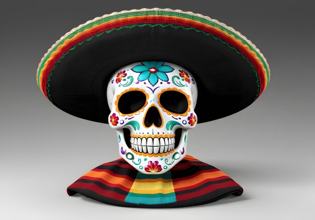 sugar skull wearing a sombrero and a Mexican serape Saltillo blanket