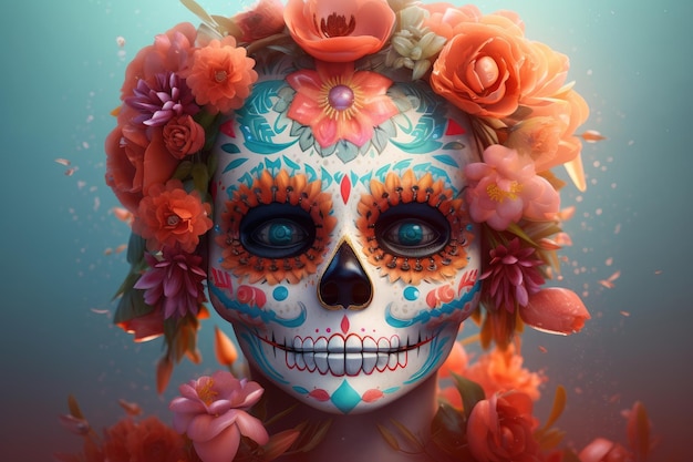 Sugar skull with colorful flowers Dia de los muertos Day of The Dead Digital 3D illustration Holiday Party Decoration Banner Invitation Traditional Mexican culture festival AI generative