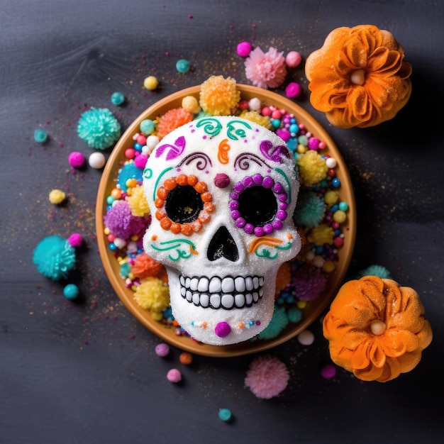 A sugar skull with colorful sugar balls on a plate