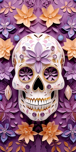 sugar skull with a cross on its forehead full seamless floral background