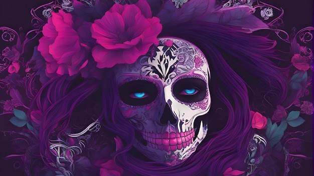 Sugar skull with floral background Digital art painting Vector illustration