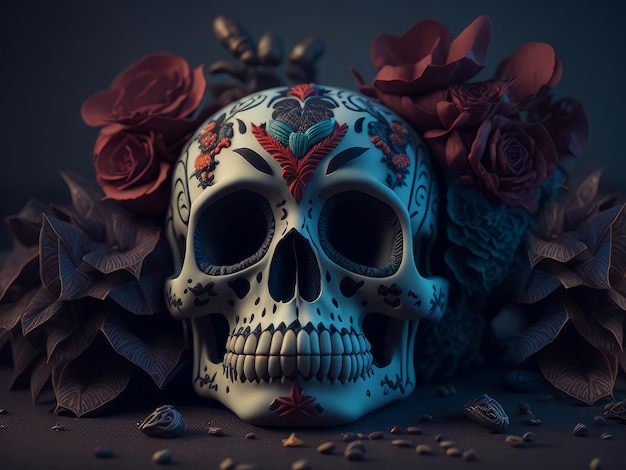 Фото Сахарный череп с цветами на черном фоне праздник dia de muertos ai generated