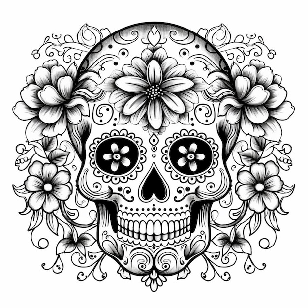 A sugar skull with flowers and vines in the background generative ai