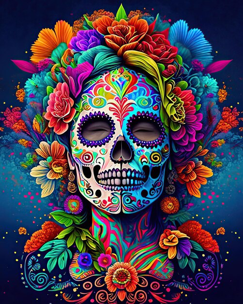 Sugar skulls of the day of the dead with flowers and colorful
