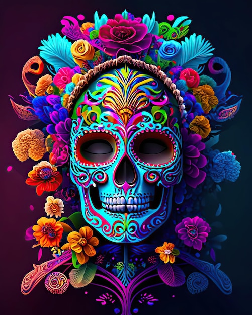 Sugar skulls of the day of the dead with flowers and colorful