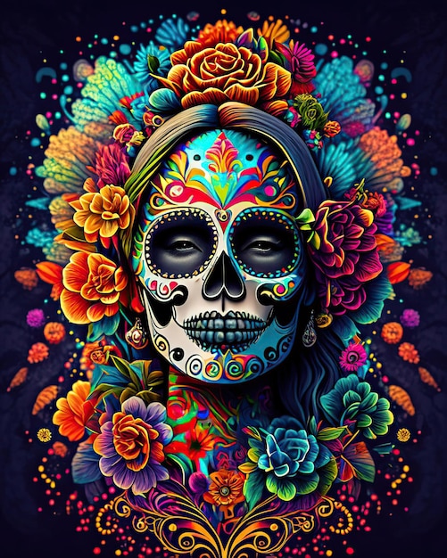 Sugar skulls of the day of the dead with flowers and colorful