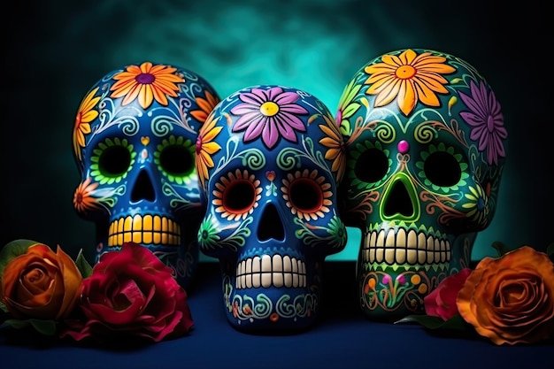 Sugar Skulls with Floral Patterns Day of the Death