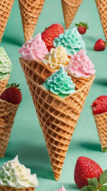 아이스크림을 위한 설탕 와플 코너가 민트 배경에 패턴으로 배열되어 있으며, 복사 공간이 있는 이미지는 복사할 수 있습니다.