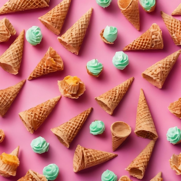 ピンクとミントの背景にパターンで配置されたアイスクリームの砂糖ワッフルコーン