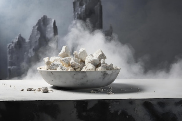 Sugar in a white bowl on a dark background with smoke