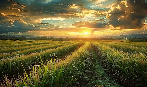 Sugarcane field and cloudy sky at sunset