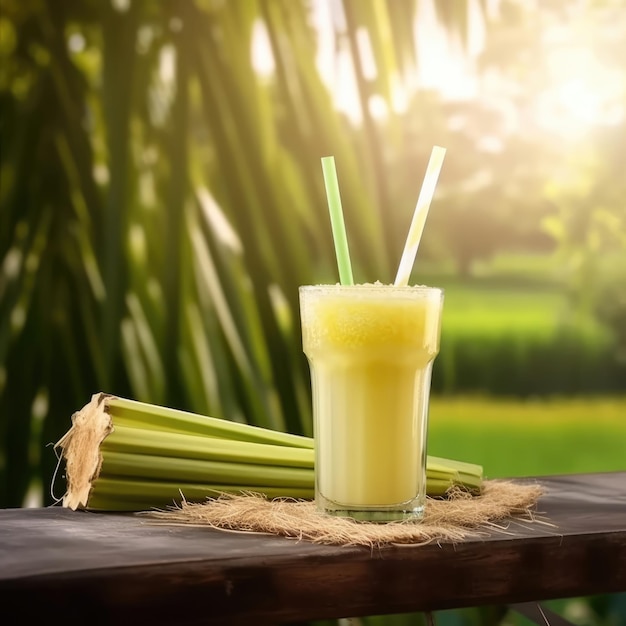 Photo sugarcane juice with garden background
