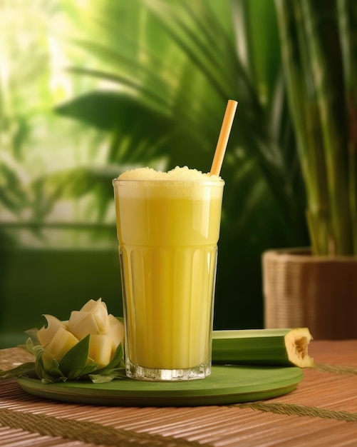 Sugarcane juice with garden background