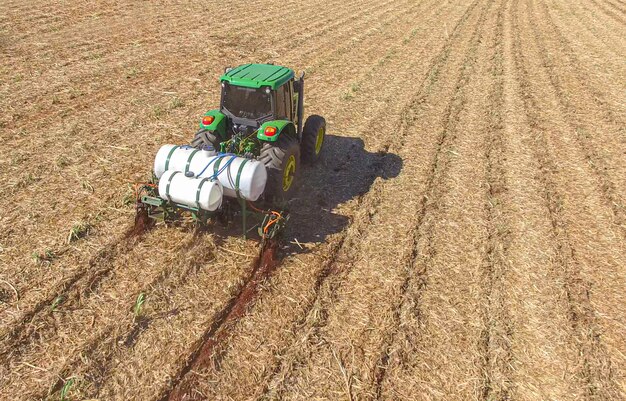 Canna da zucchero che pianta applicando fertilizzante e insetticidi con il trattore