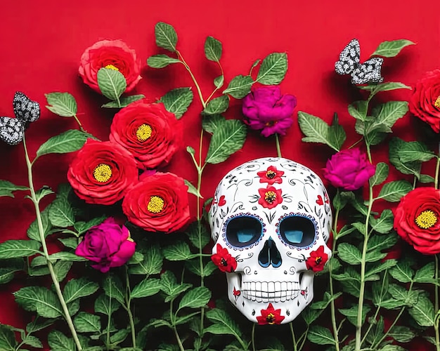 Sugarskull with roses and flowers in red color vector