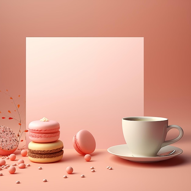 Suiker en taart en schattige beker op wazige perzikkleurige achtergrond voor schattig en voedselontwerp