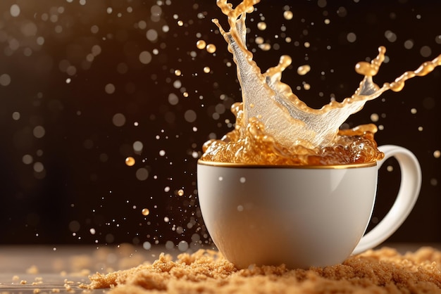 Suikerkorrels vallen zachtjes in een kopje koffie en benadrukken de textuur en stroming